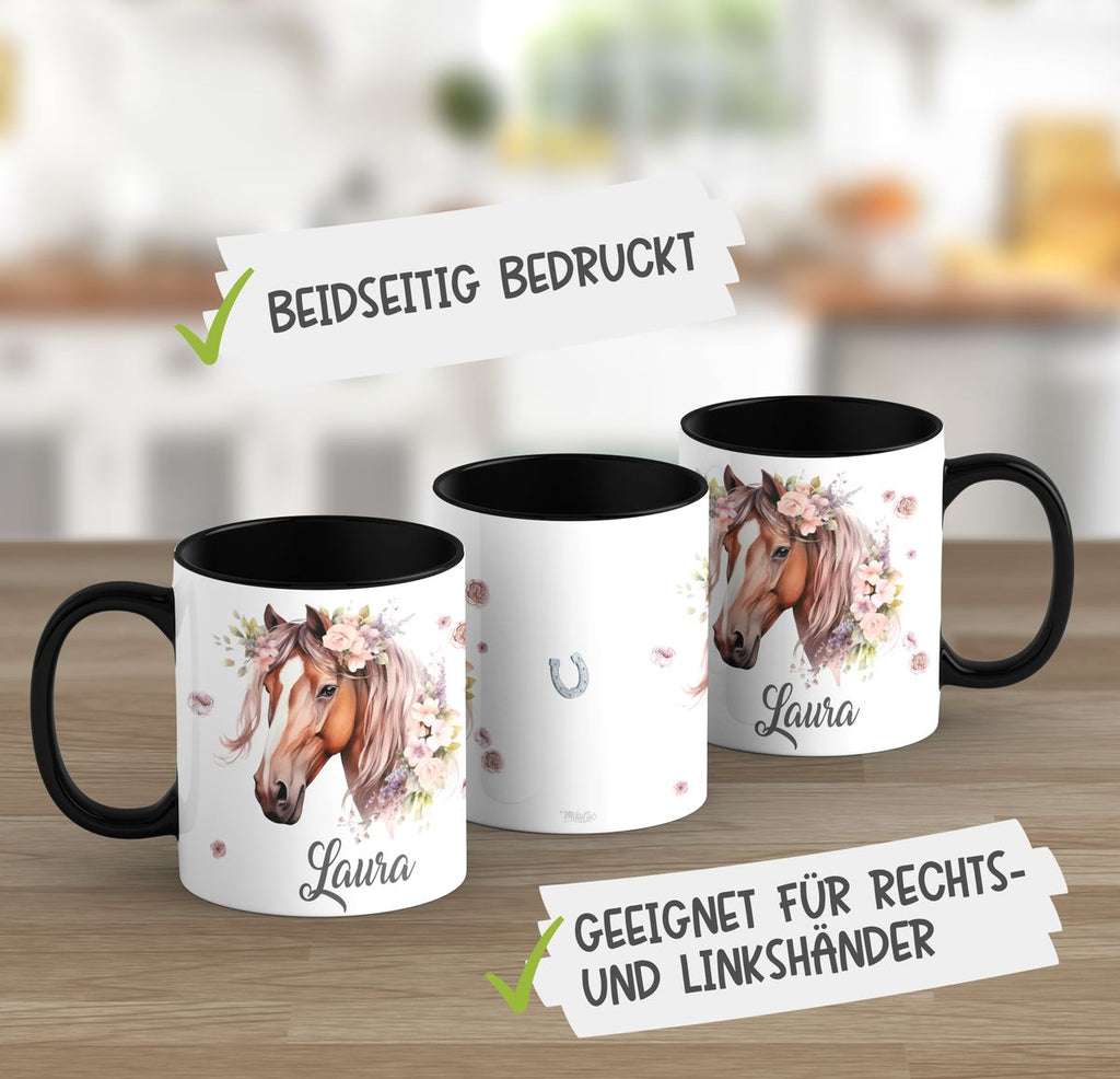 Personalisierte Pferd Tasse, Geschenk für Pferdeliebhaber, Blumen und Hufeisen, mit Namen, Geburtstagsgeschenk für Reiter (7416) - von Mikalino