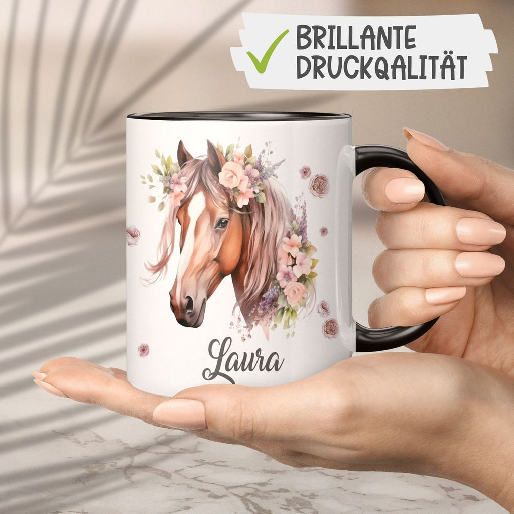 Personalisierte Pferd Tasse, Geschenk für Pferdeliebhaber, Blumen und Hufeisen, mit Namen, Geburtstagsgeschenk für Reiter (7416) - von Mikalino