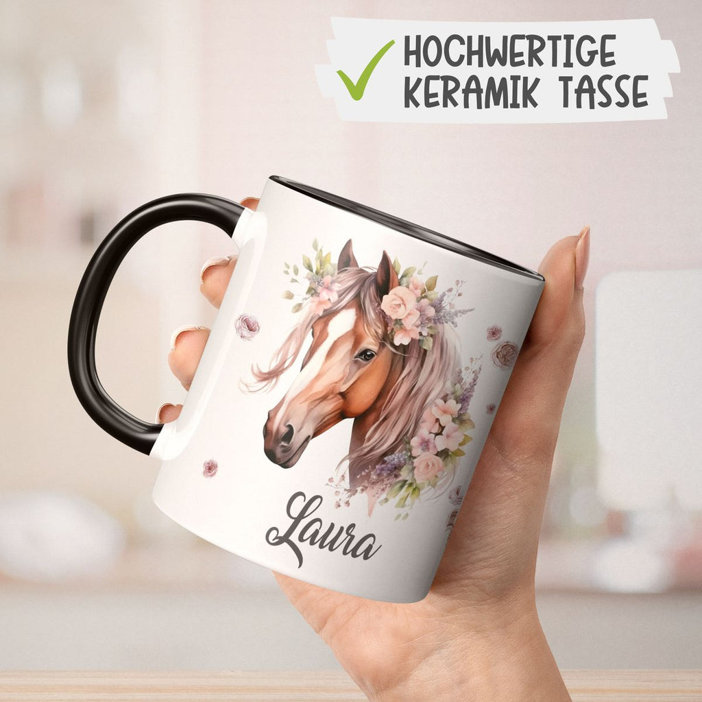 Personalisierte Pferd Tasse, Geschenk für Pferdeliebhaber, Blumen und Hufeisen, mit Namen, Geburtstagsgeschenk für Reiter (7416) - von Mikalino