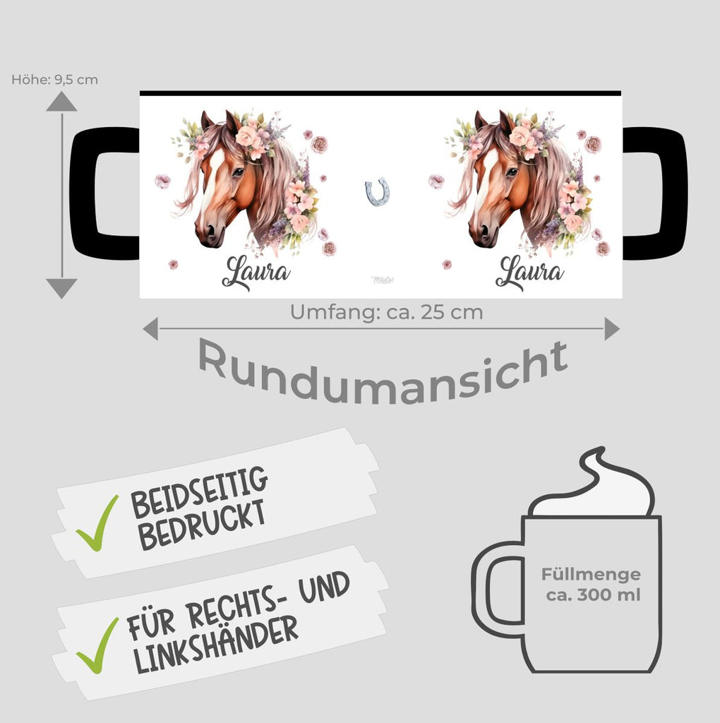 Personalisierte Pferd Tasse, Geschenk für Pferdeliebhaber, Blumen und Hufeisen, mit Namen, Geburtstagsgeschenk für Reiter (7416) - von Mikalino