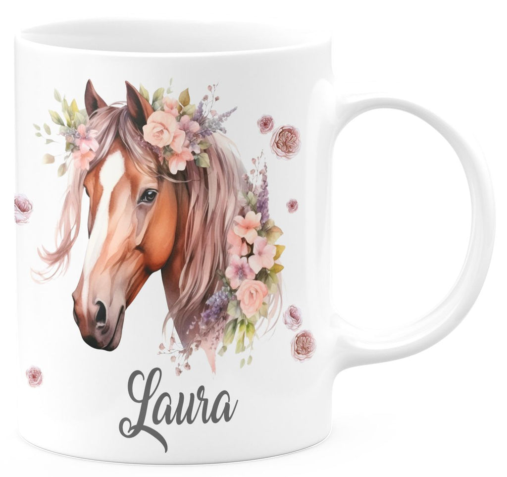 Personalisierte Pferd Tasse, Geschenk für Pferdeliebhaber, Blumen und Hufeisen, mit Namen, Geburtstagsgeschenk für Reiter (7416) - von Mikalino