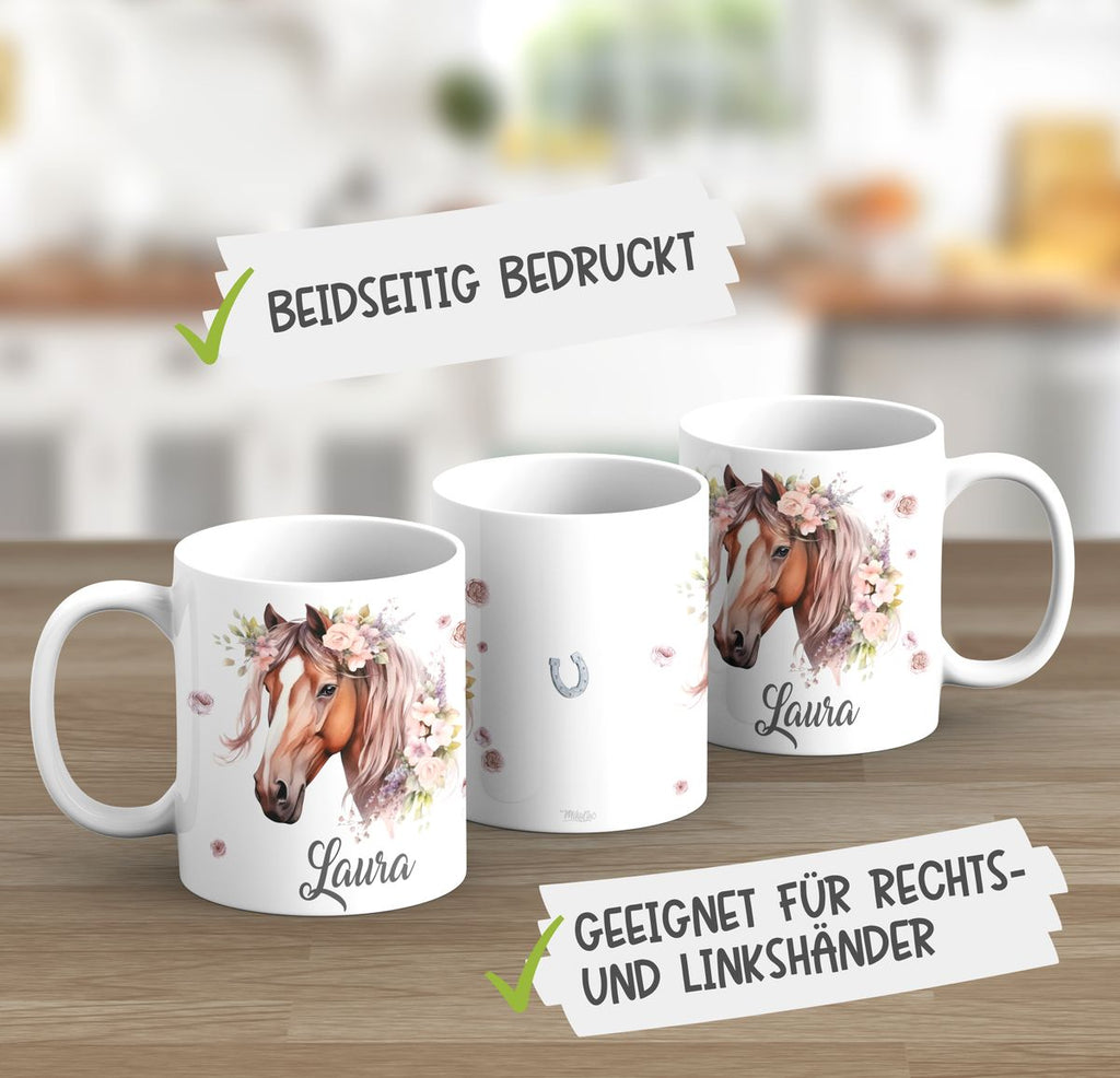 Personalisierte Pferd Tasse, Geschenk für Pferdeliebhaber, Blumen und Hufeisen, mit Namen, Geburtstagsgeschenk für Reiter (7416) - von Mikalino