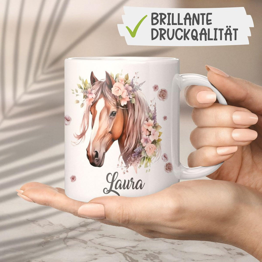 Personalisierte Pferd Tasse, Geschenk für Pferdeliebhaber, Blumen und Hufeisen, mit Namen, Geburtstagsgeschenk für Reiter (7416) - von Mikalino