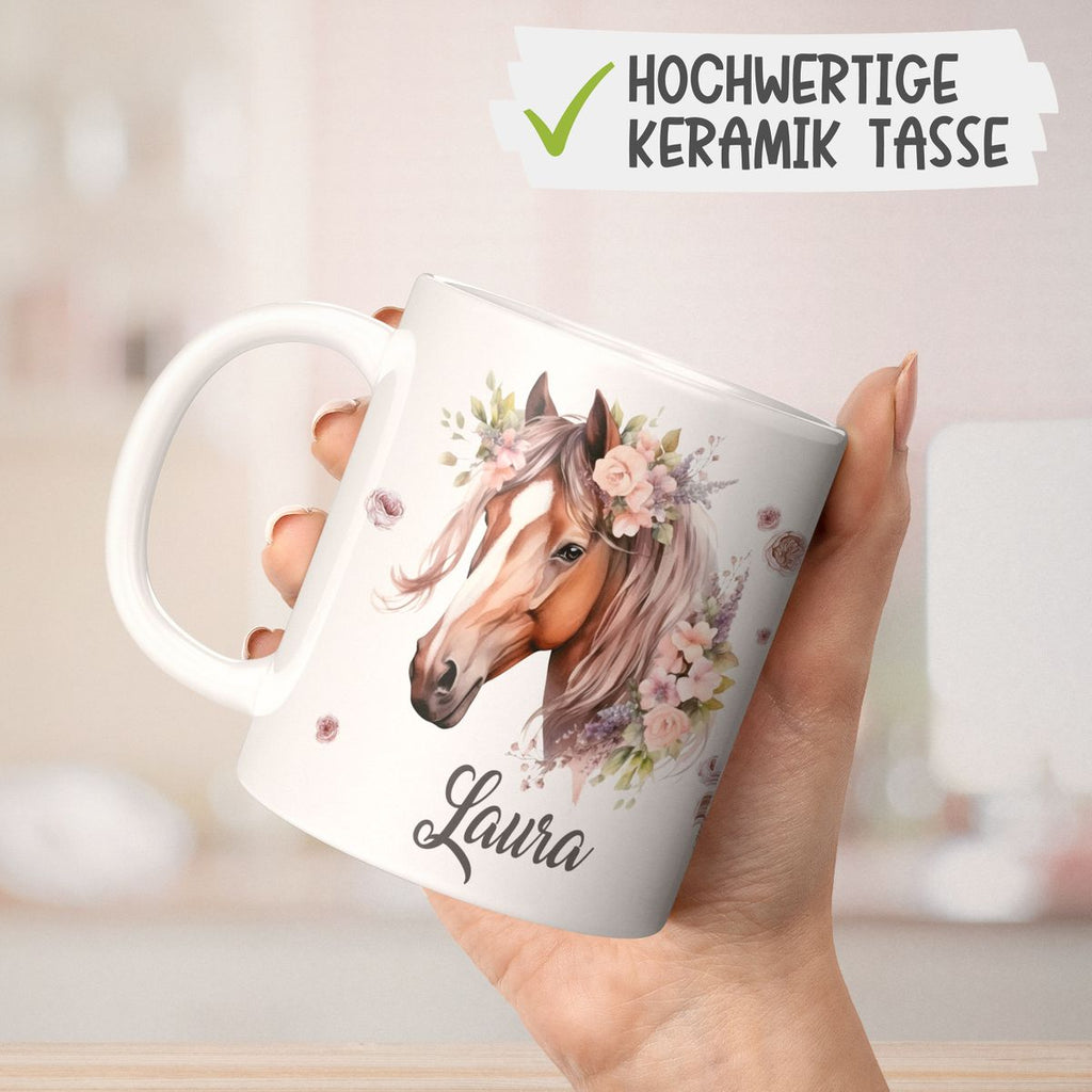 Personalisierte Pferd Tasse, Geschenk für Pferdeliebhaber, Blumen und Hufeisen, mit Namen, Geburtstagsgeschenk für Reiter (7416) - von Mikalino