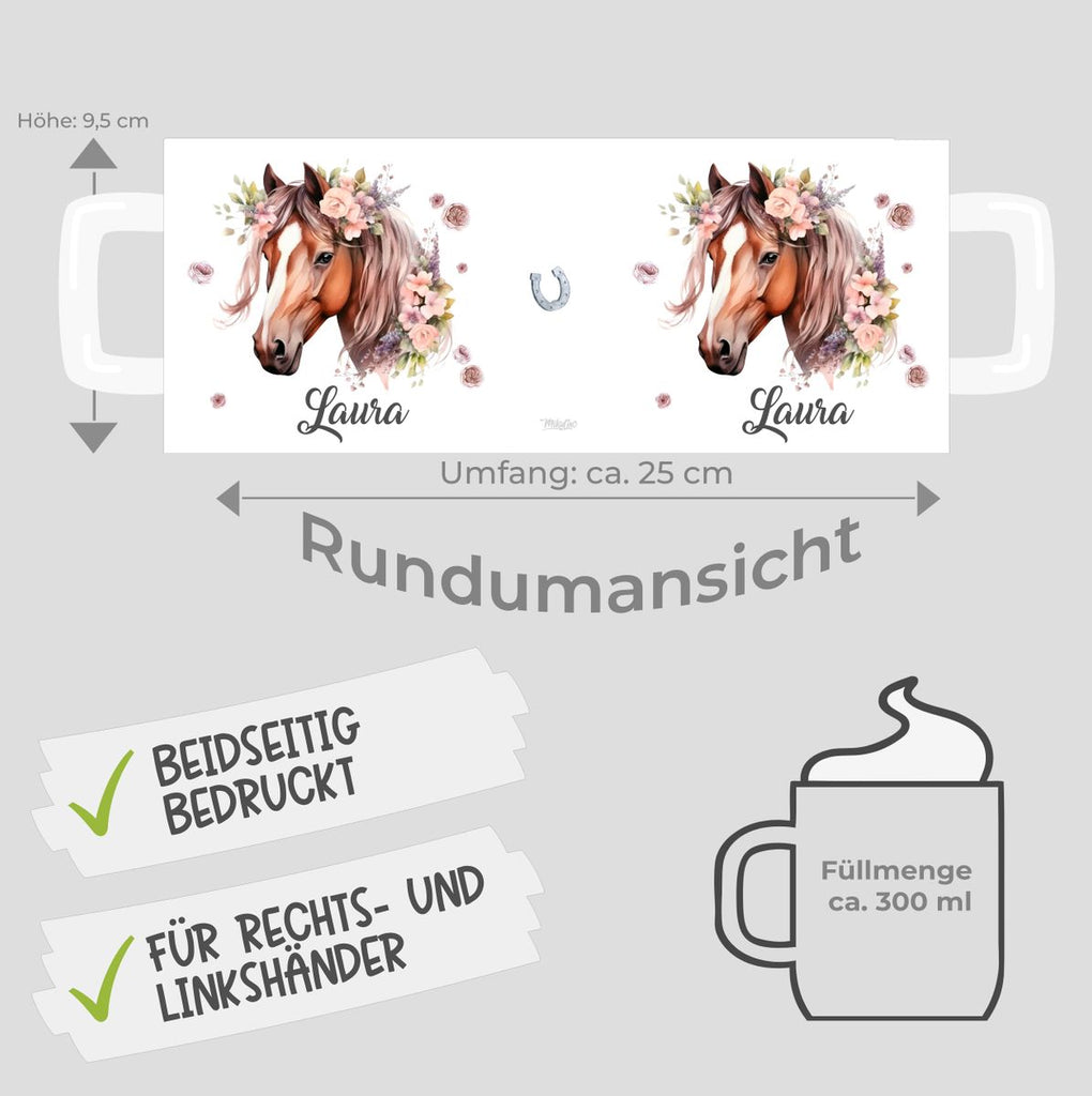 Personalisierte Pferd Tasse, Geschenk für Pferdeliebhaber, Blumen und Hufeisen, mit Namen, Geburtstagsgeschenk für Reiter (7416) - von Mikalino