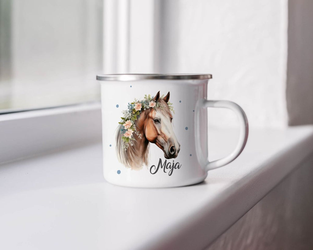 Emaille Tasse Pferd mit Blumen und Wunschname - von Mikalino