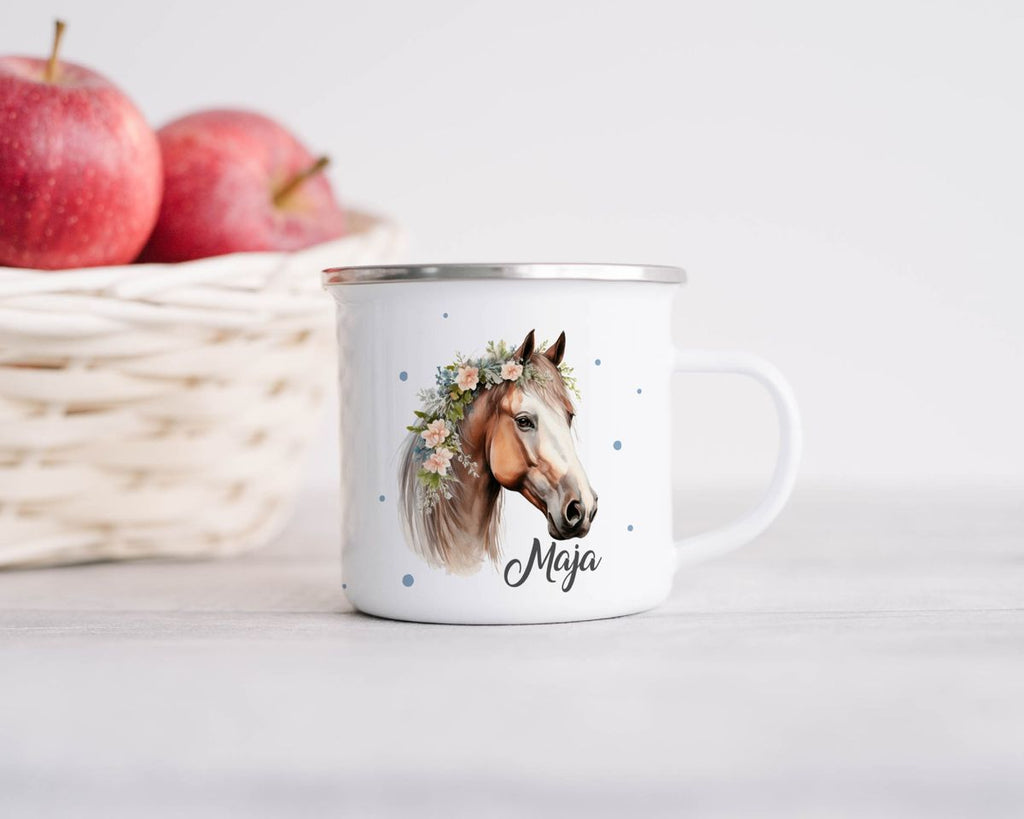 Emaille Tasse Pferd mit Blumen und Wunschname - von Mikalino