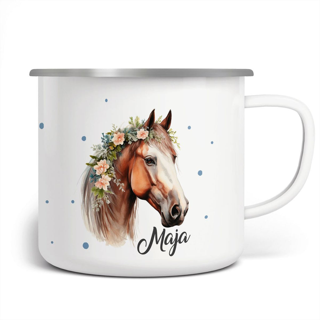 Emaille Tasse Pferd mit Blumen und Wunschname - von Mikalino