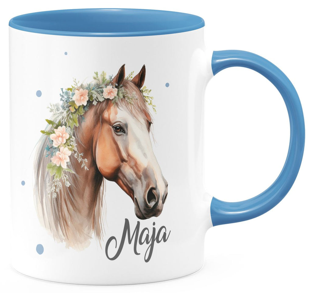 Keramik Tasse Pferd mit Blumen und Wunschname - von Mikalino