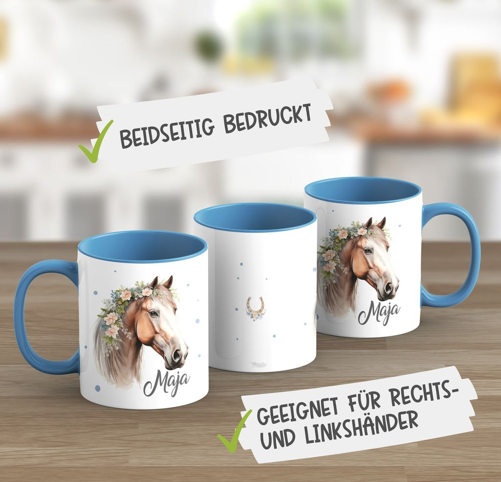 Keramik Tasse Pferd mit Blumen und Wunschname - von Mikalino