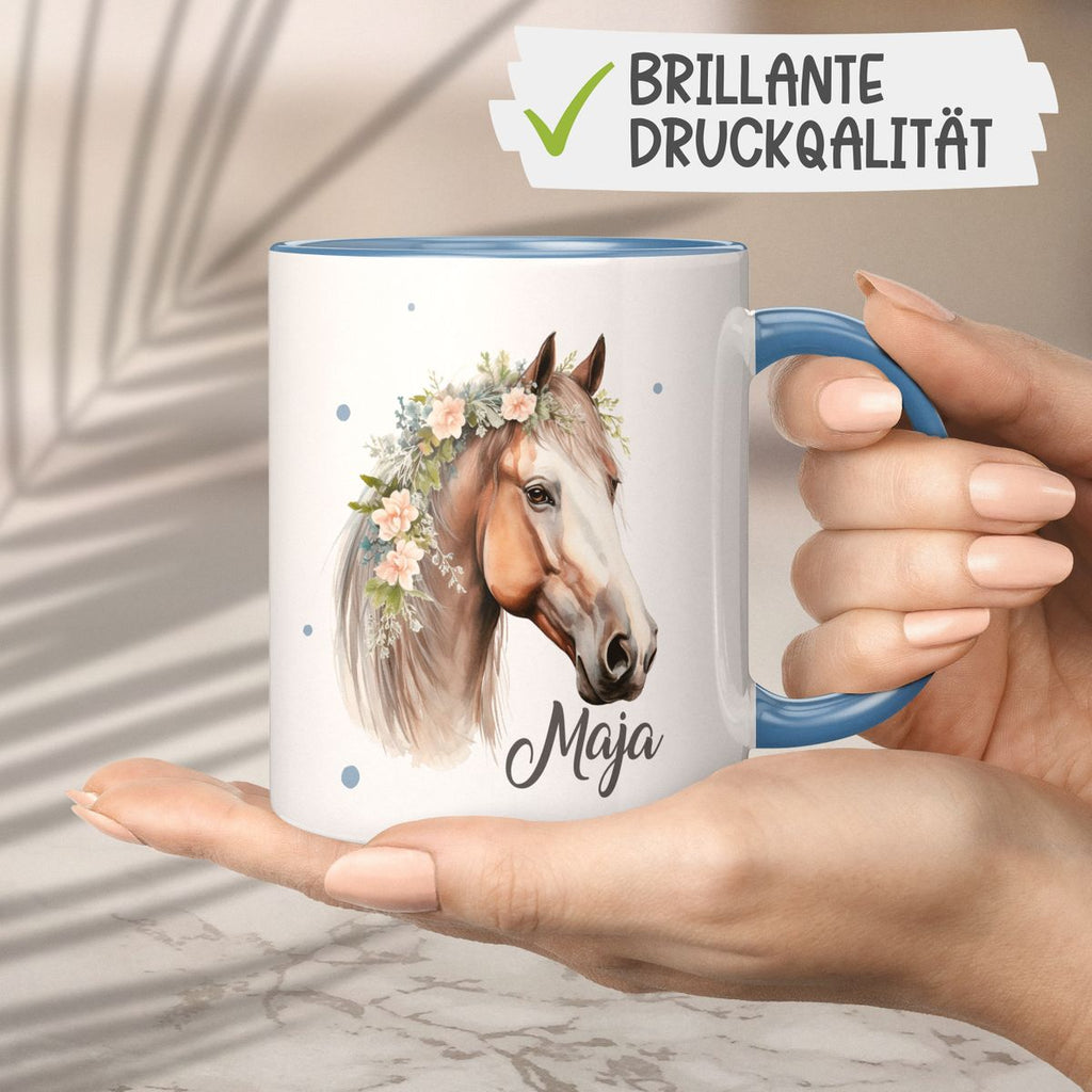 Keramik Tasse Pferd mit Blumen und Wunschname - von Mikalino