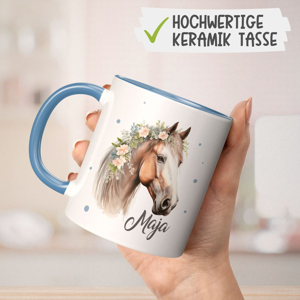 Keramik Tasse Pferd mit Blumen und Wunschname - von Mikalino