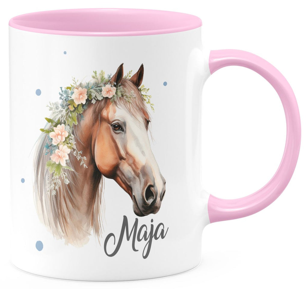 Keramik Tasse Pferd mit Blumen und Wunschname - von Mikalino