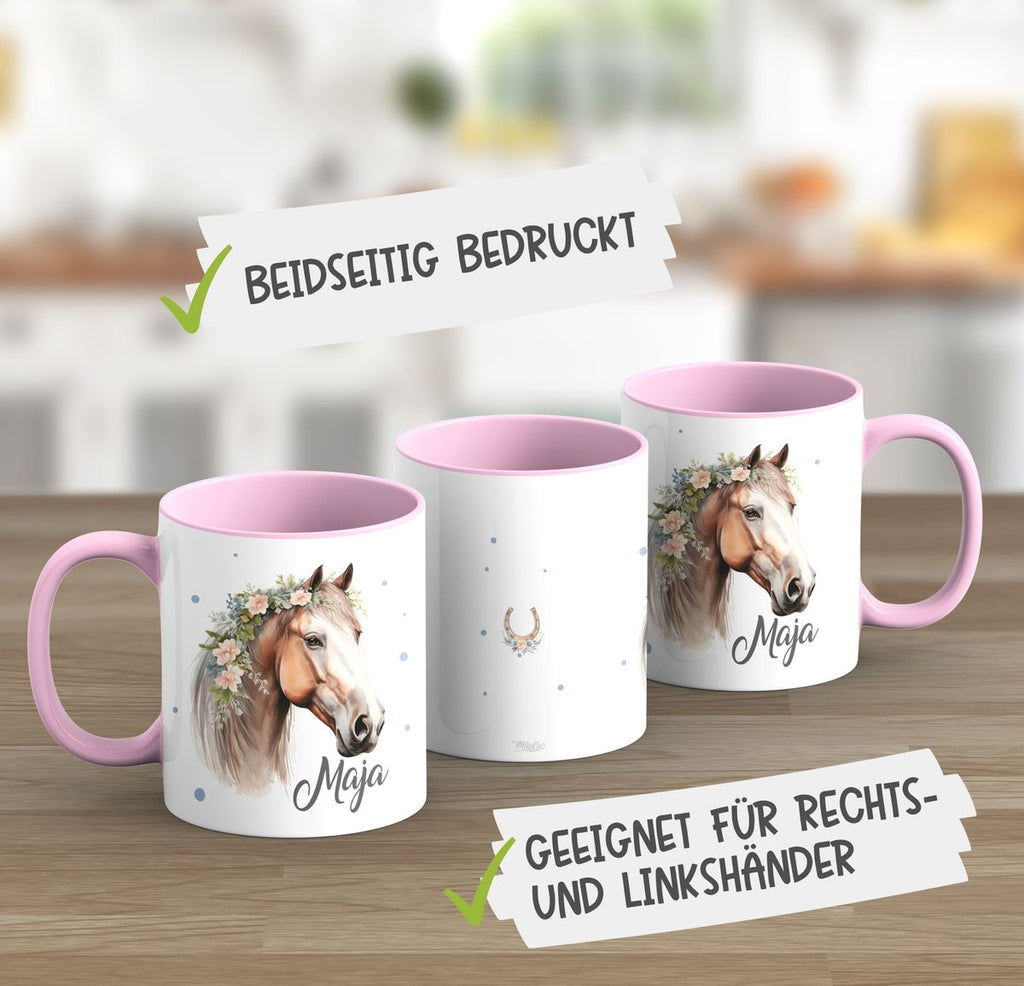 Keramik Tasse Pferd mit Blumen und Wunschname - von Mikalino