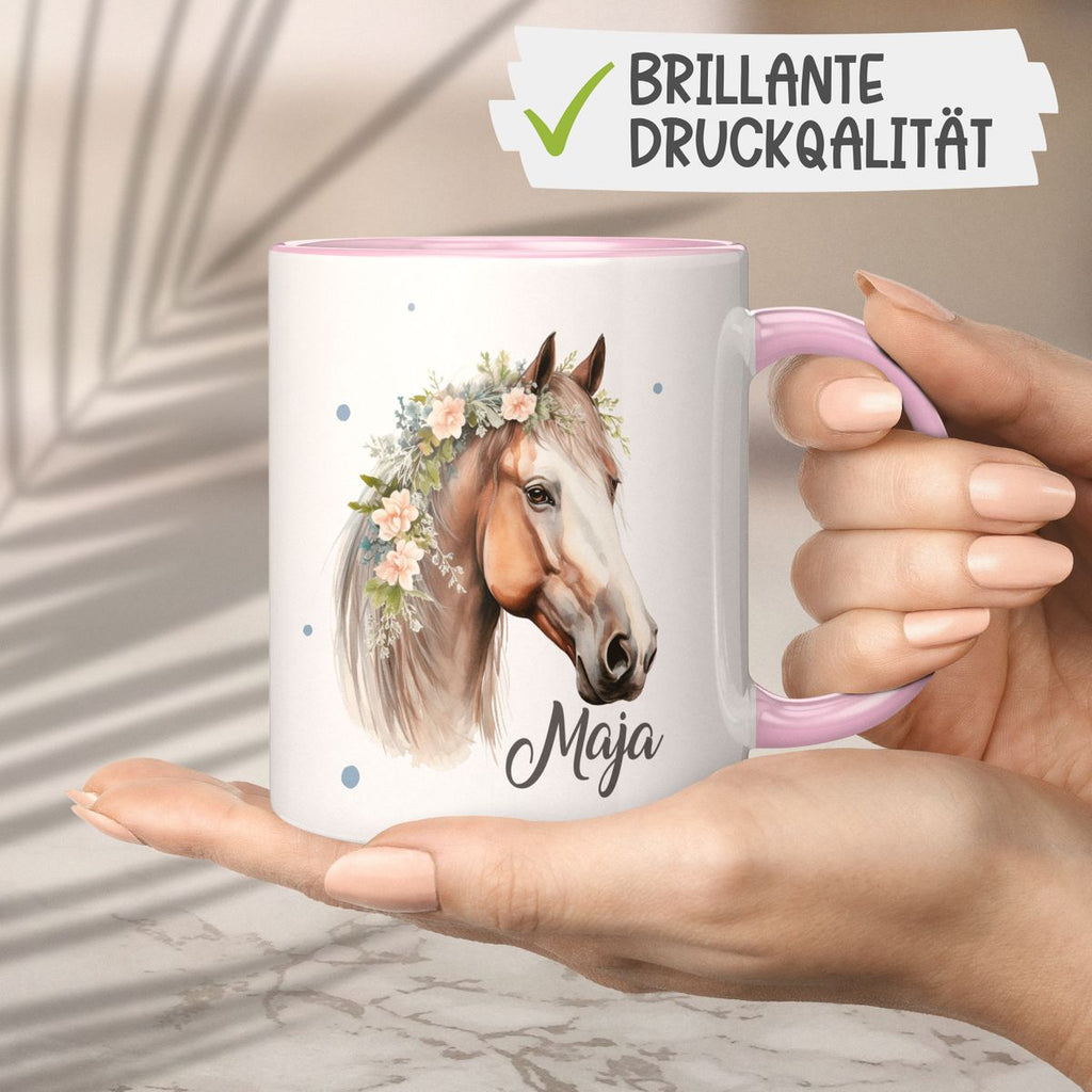 Keramik Tasse Pferd mit Blumen und Wunschname - von Mikalino