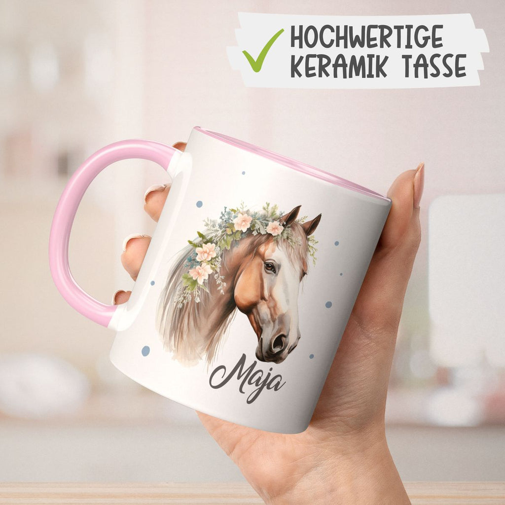 Keramik Tasse Pferd mit Blumen und Wunschname - von Mikalino