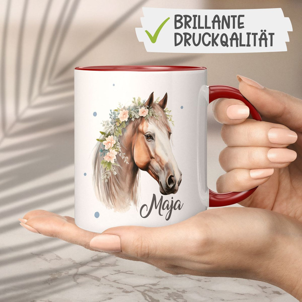 Keramik Tasse Pferd mit Blumen und Wunschname - von Mikalino