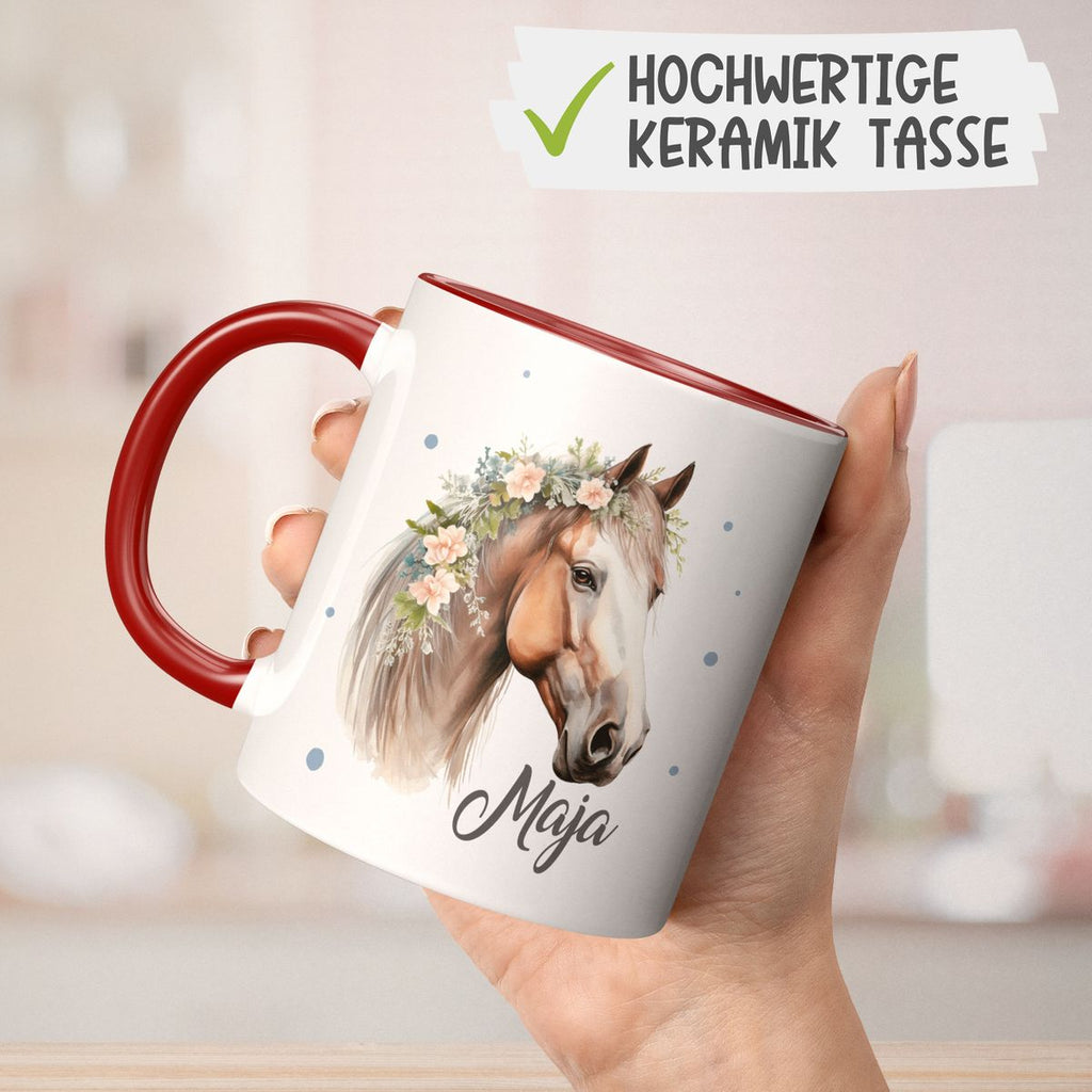 Keramik Tasse Pferd mit Blumen und Wunschname - von Mikalino