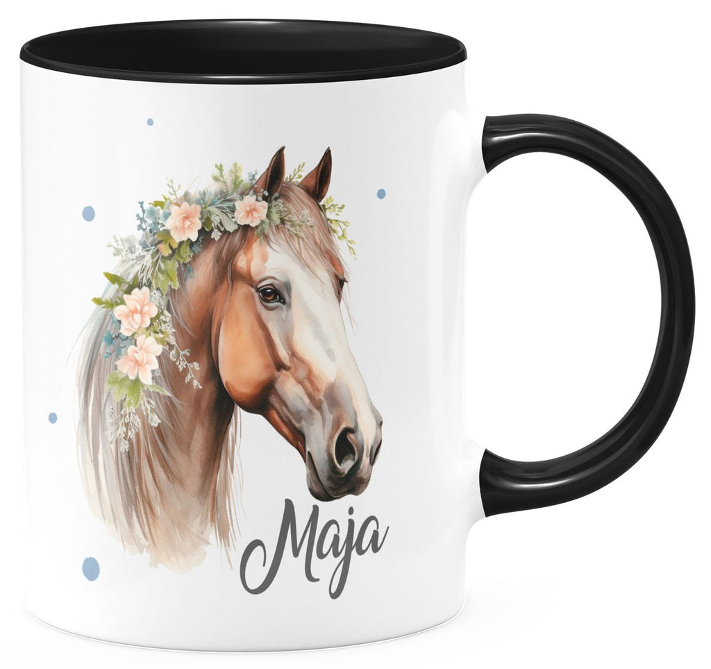 Keramik Tasse Pferd mit Blumen und Wunschname - von Mikalino