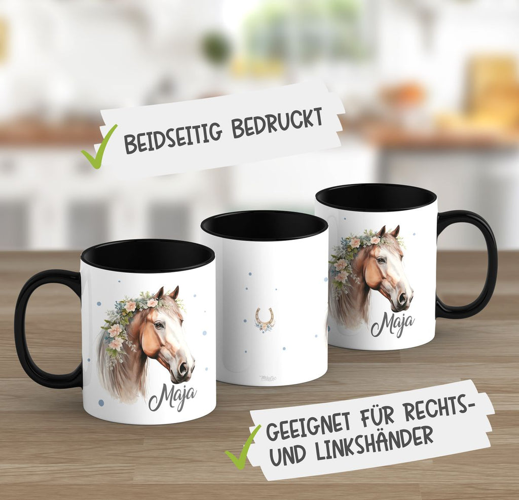 Keramik Tasse Pferd mit Blumen und Wunschname - von Mikalino