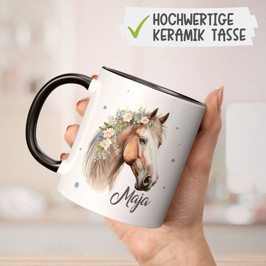 Keramik Tasse Pferd mit Blumen und Wunschname - von Mikalino