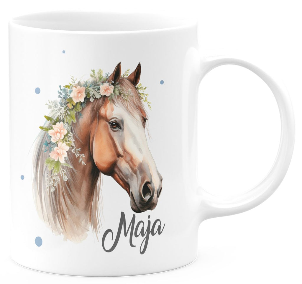 Keramik Tasse Pferd mit Blumen und Wunschname - von Mikalino