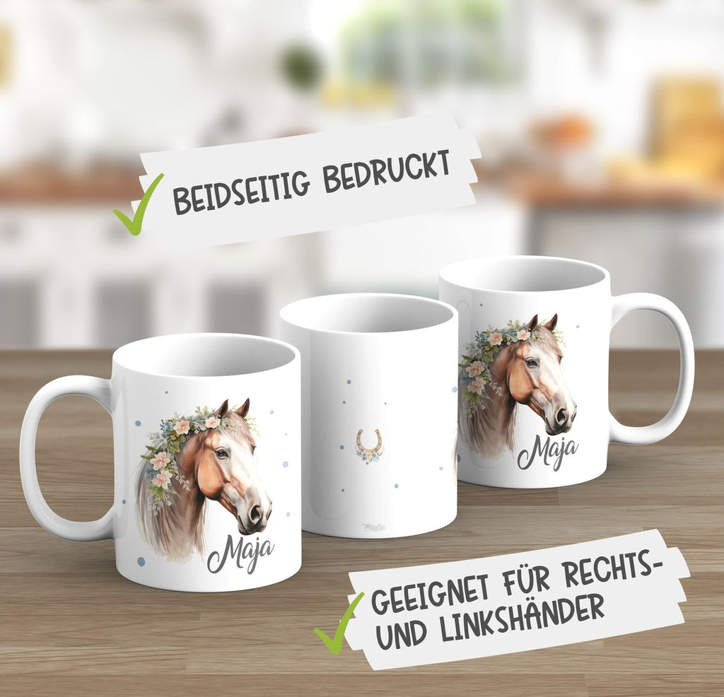 Keramik Tasse Pferd mit Blumen und Wunschname - von Mikalino