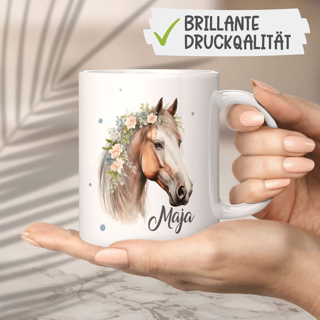 Keramik Tasse Pferd mit Blumen und Wunschname - von Mikalino