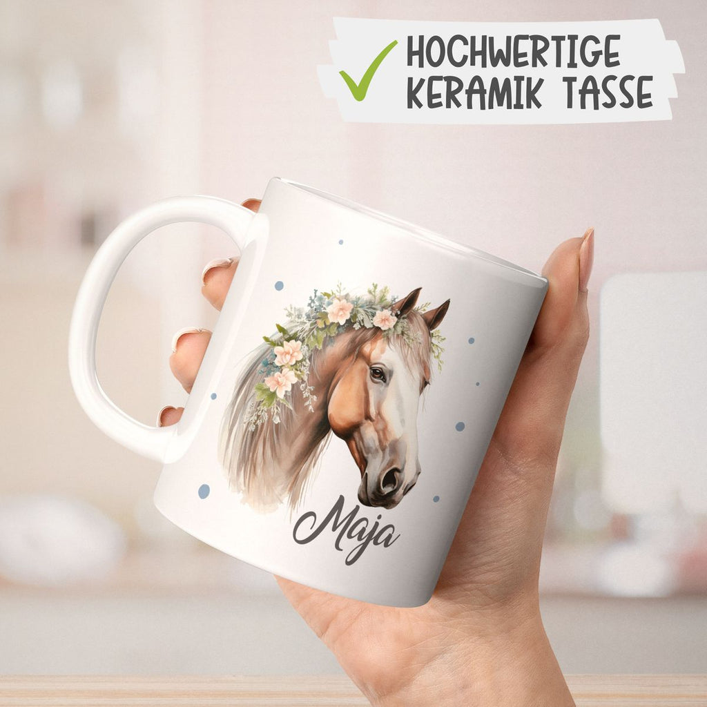 Keramik Tasse Pferd mit Blumen und Wunschname - von Mikalino