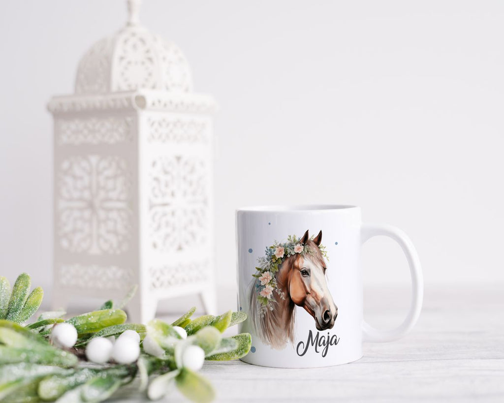 Keramik Tasse Pferd mit Blumen und Wunschname - von Mikalino