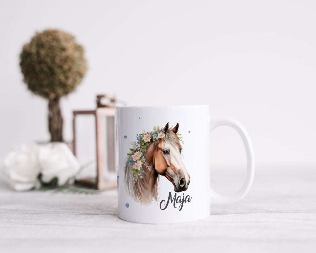 Keramik Tasse Pferd mit Blumen und Wunschname - von Mikalino