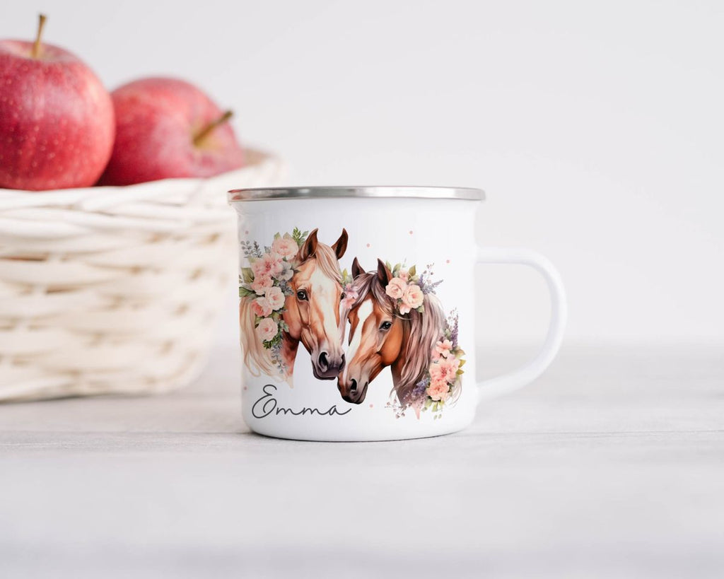 Emaille Tasse Zwei Pferde mit Blumen und Wunschname - von Mikalino