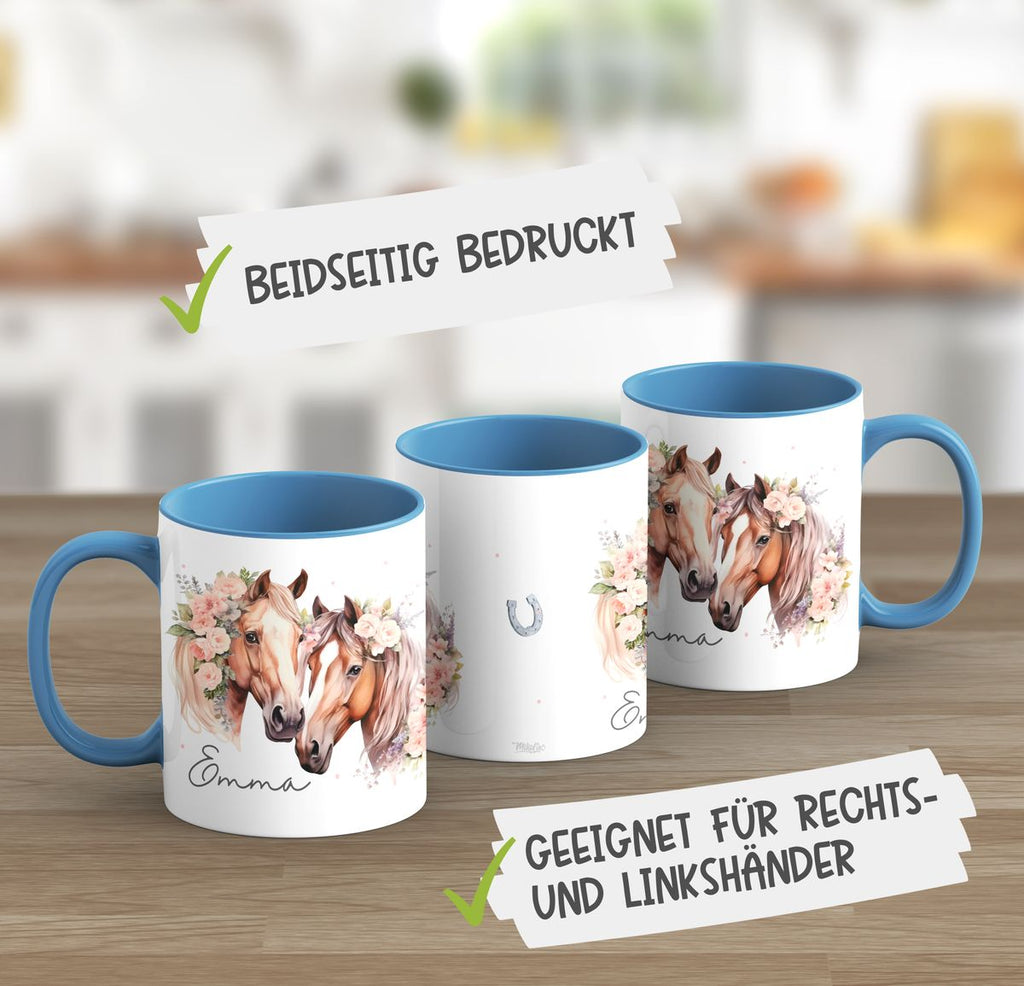 Keramik Tasse Zwei Pferde mit Blumen und Wunschname - von Mikalino