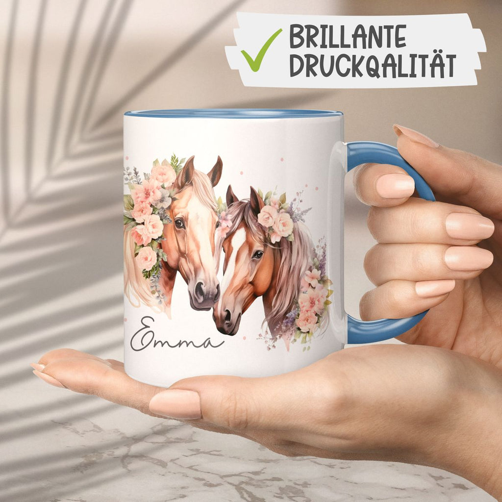 Keramik Tasse Zwei Pferde mit Blumen und Wunschname - von Mikalino