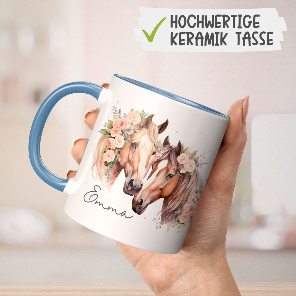 Keramik Tasse Zwei Pferde mit Blumen und Wunschname - von Mikalino