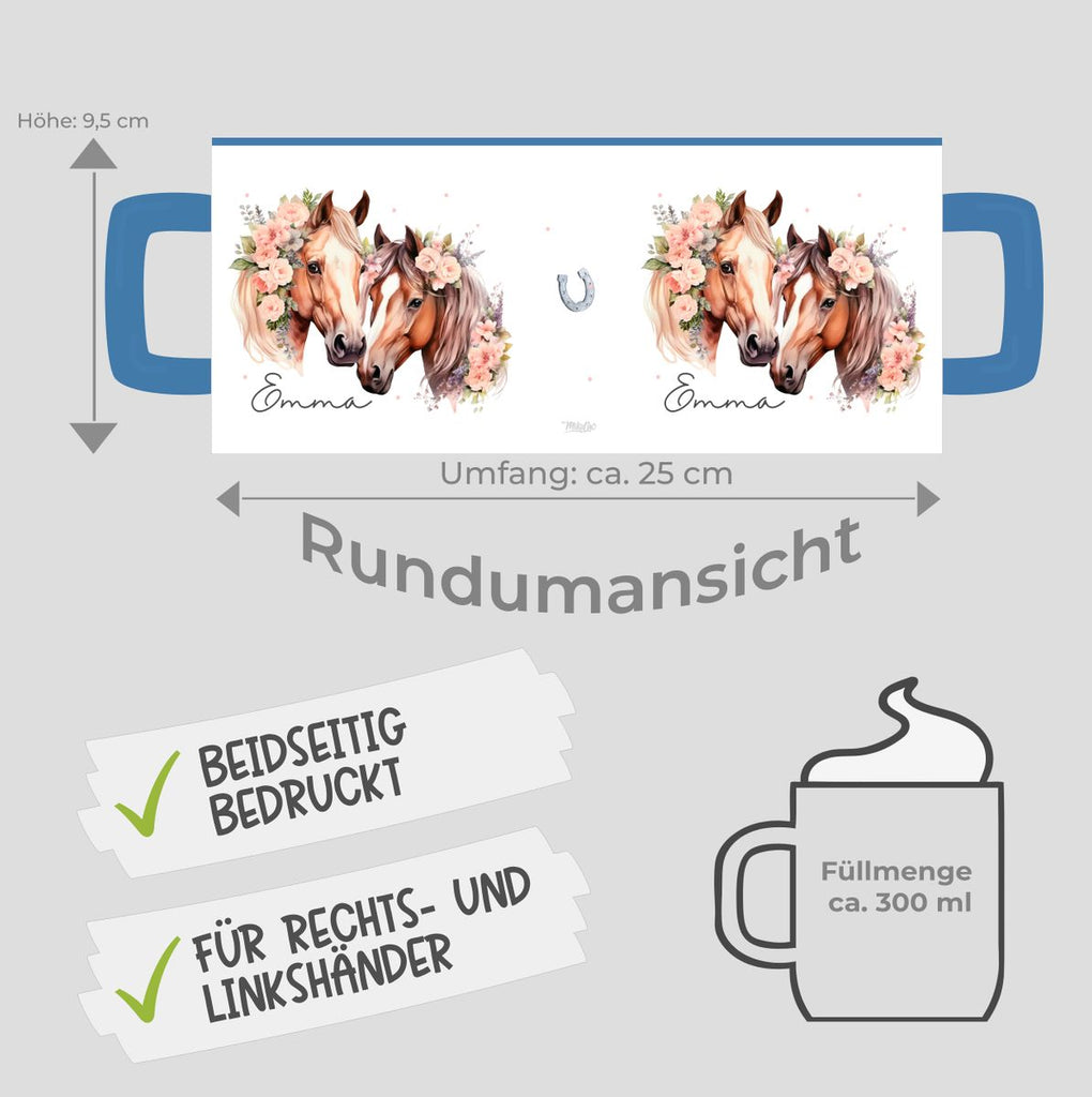 Keramik Tasse Zwei Pferde mit Blumen und Wunschname - von Mikalino