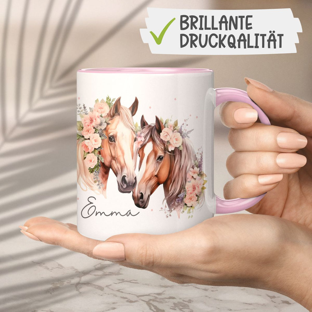 Keramik Tasse Zwei Pferde mit Blumen und Wunschname - von Mikalino