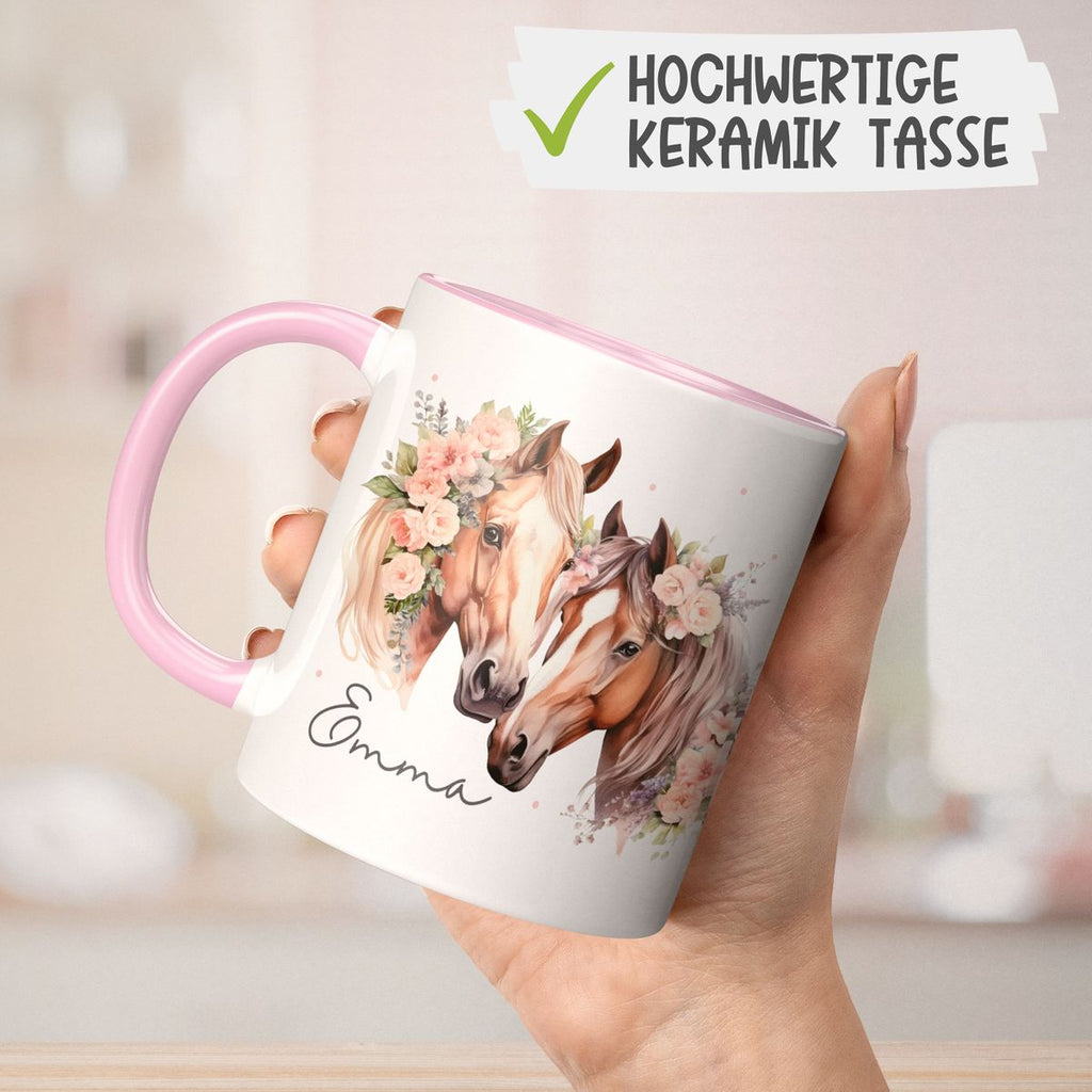 Keramik Tasse Zwei Pferde mit Blumen und Wunschname - von Mikalino