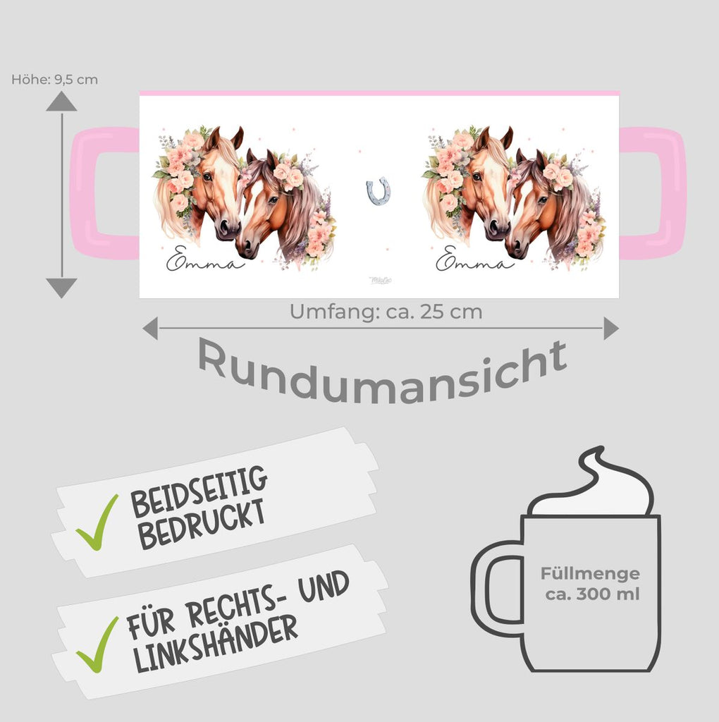 Keramik Tasse Zwei Pferde mit Blumen und Wunschname - von Mikalino