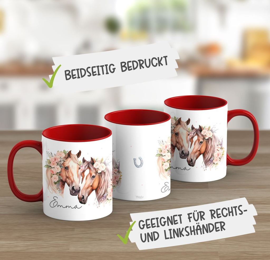 Keramik Tasse Zwei Pferde mit Blumen und Wunschname - von Mikalino