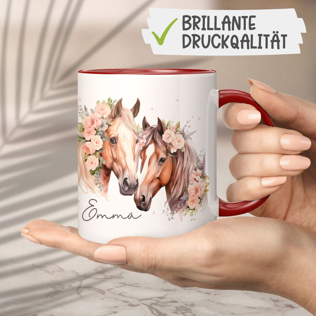 Keramik Tasse Zwei Pferde mit Blumen und Wunschname - von Mikalino