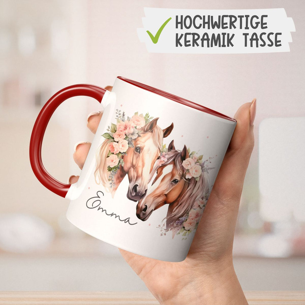 Keramik Tasse Zwei Pferde mit Blumen und Wunschname - von Mikalino