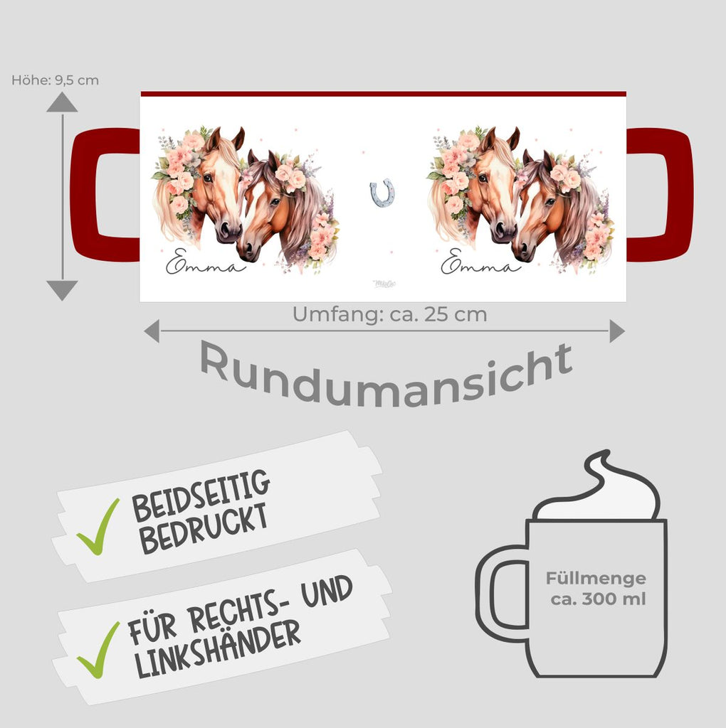 Keramik Tasse Zwei Pferde mit Blumen und Wunschname - von Mikalino