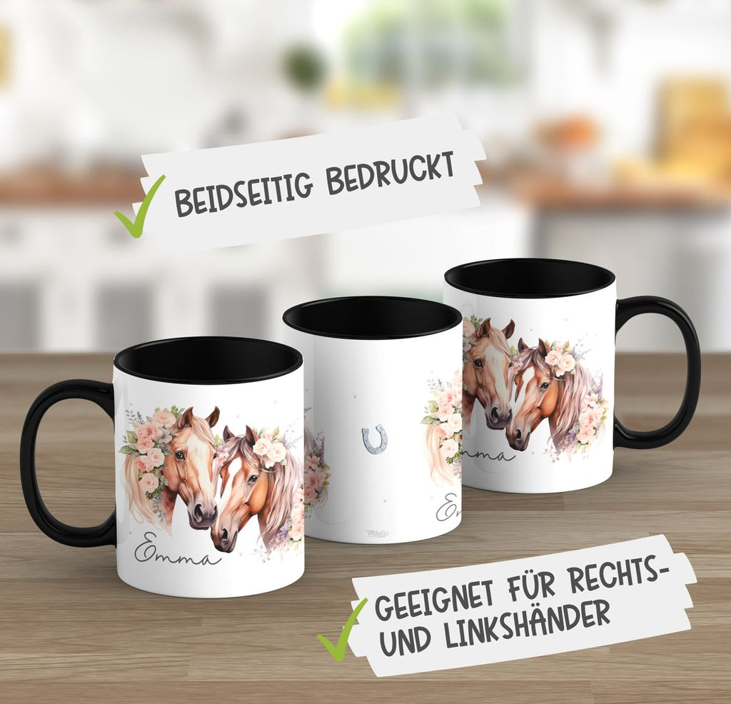 Keramik Tasse Zwei Pferde mit Blumen und Wunschname - von Mikalino