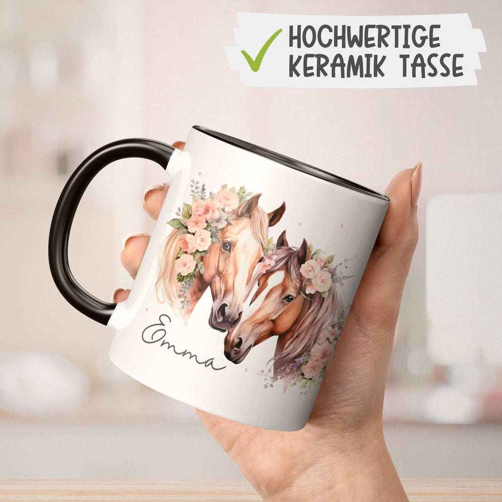 Keramik Tasse Zwei Pferde mit Blumen und Wunschname - von Mikalino