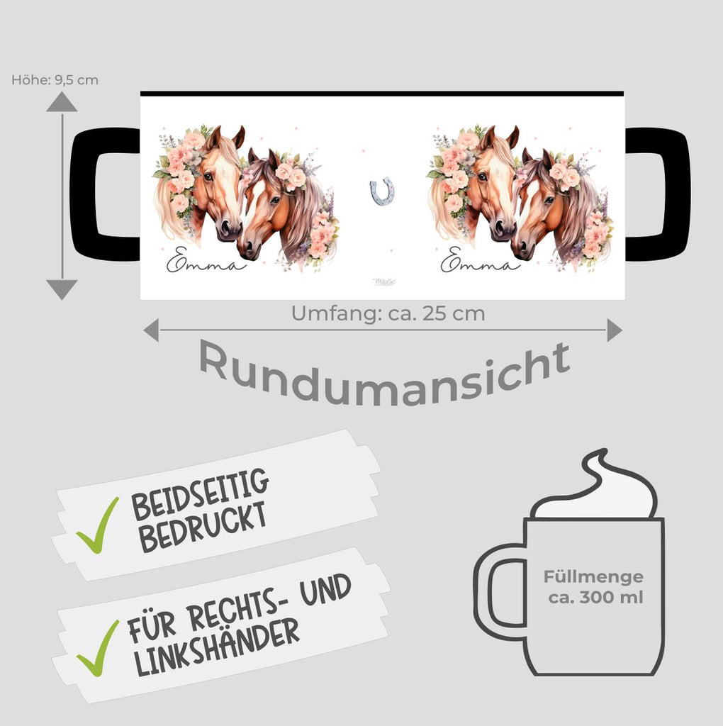 Keramik Tasse Zwei Pferde mit Blumen und Wunschname - von Mikalino