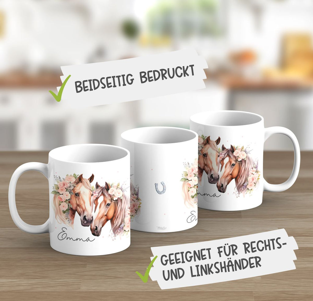 Keramik Tasse Zwei Pferde mit Blumen und Wunschname - von Mikalino