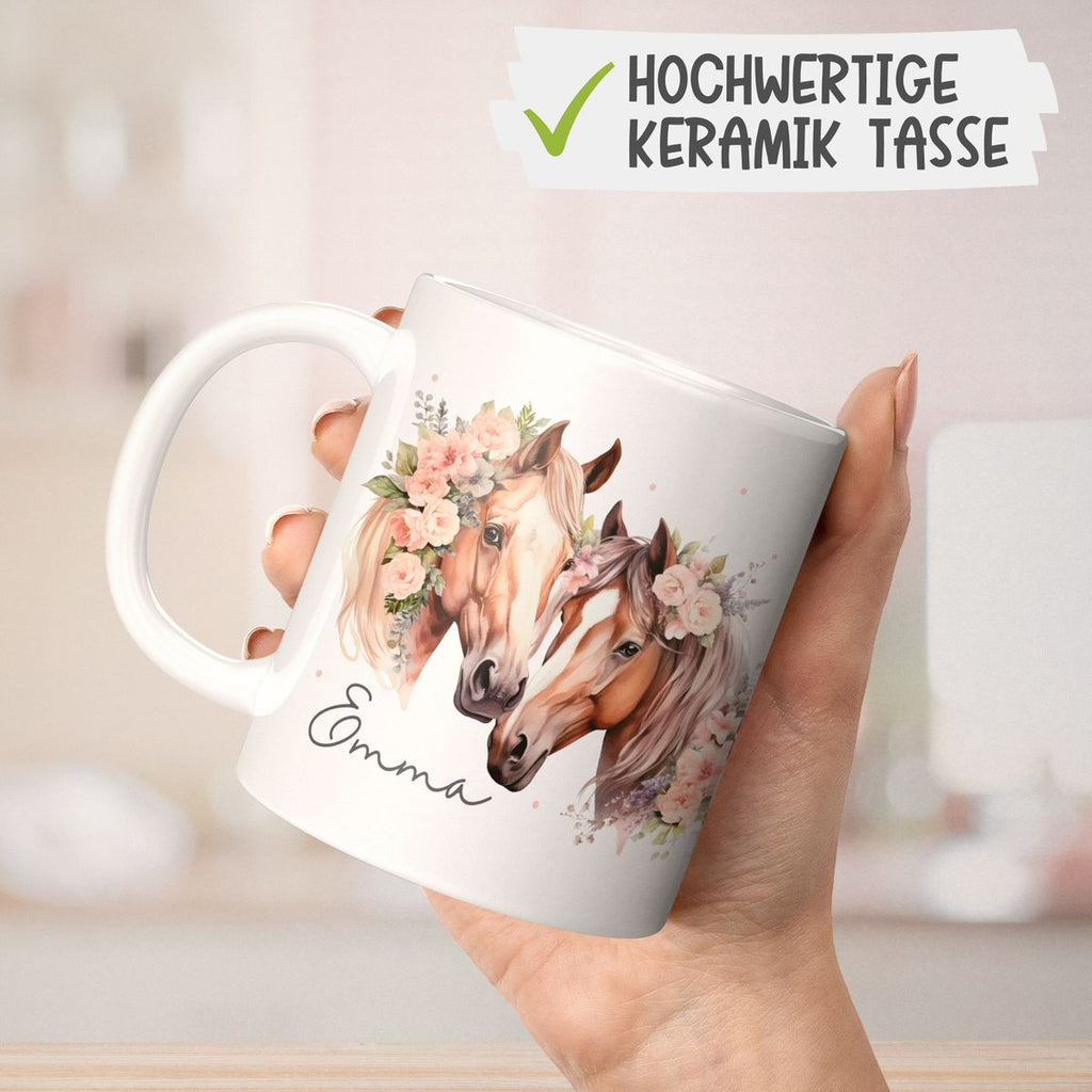 Keramik Tasse Zwei Pferde mit Blumen und Wunschname - von Mikalino