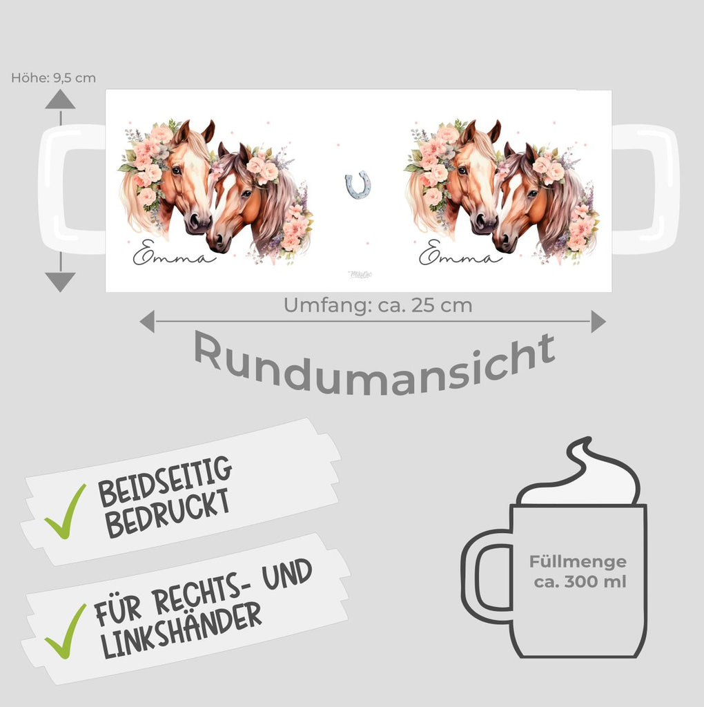 Keramik Tasse Zwei Pferde mit Blumen und Wunschname - von Mikalino