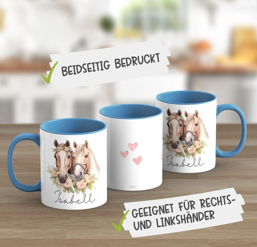 Keramik Tasse Zwei Pferde mit Herzen und Wunschname - von Mikalino